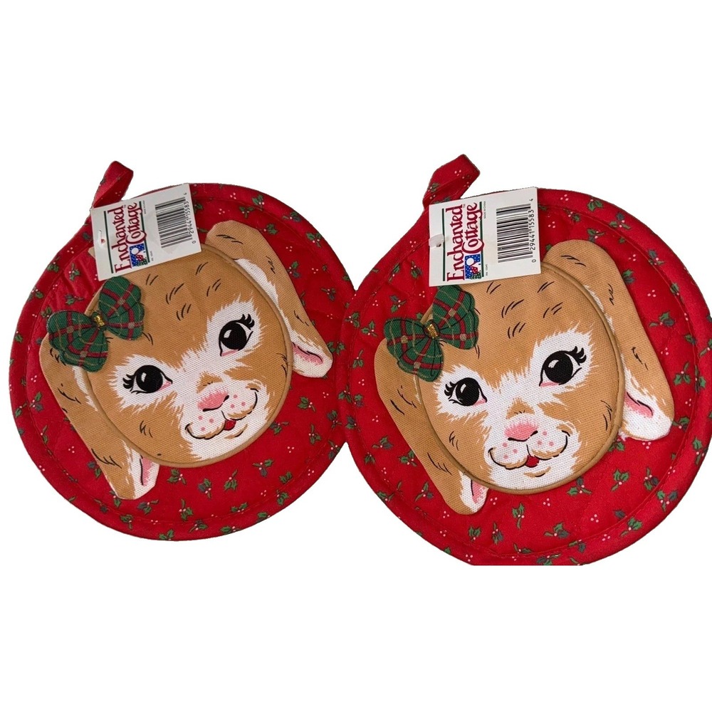 Vtg Enchanted Cottage Bunny Rabbit Pot Holders Christmas Holly Bow Lot Of 2 NWT